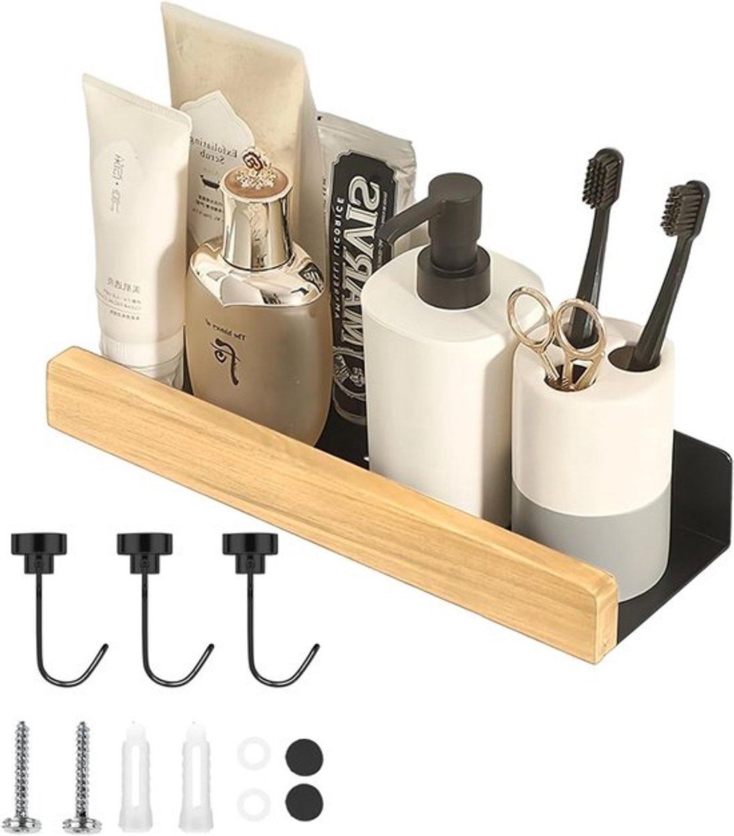 30 cm Zwarte Badkamer Wandplank voor Douche, Ideaal voor Douchegel, Met Horizontaal Afvoergat en Magnetische Haak, Geschikt voor Badkamer en Slaapkamer