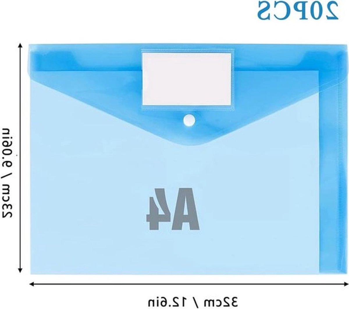 Set van 20 gekleurde A4 documentmappen, waterdichte mappen, transparante enveloppen en plastic hoezen in 5 kleuren voor documenten