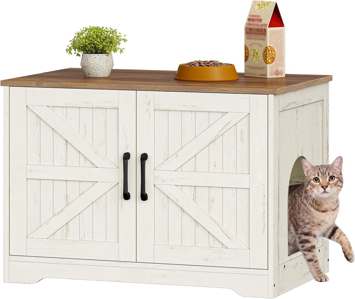 Hzuaneri Kattenkast, 80x50x55 cm, bruin en wit, kattenbak met verborgen kastje, houten kattenhuis, kattenkast met bijzettafel en zij-ingang, landelijke stijl, voor de woonkamer