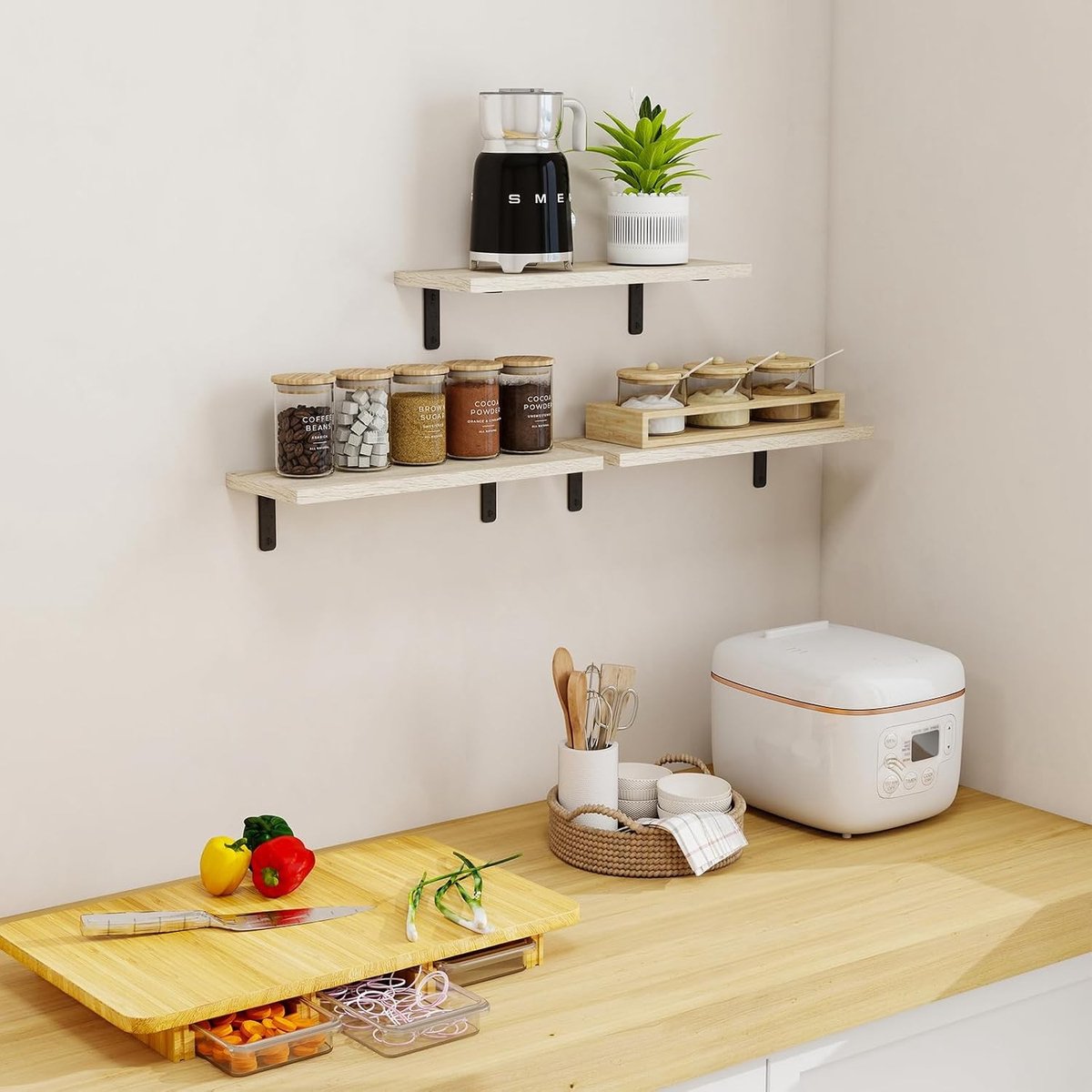 Set van 3 Houten Drijvende Planken, Decoratieve Wandplanken voor Badkamer, Woonkamer en Slaapkamer, Waterdicht en Schimmelbestendig, 40 cm