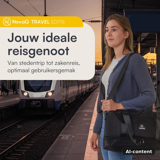 Jouw ideale reisgenoot NovaQ, een zwarte weekendtas met logo, gedragen door een vrouw op een treinstation. Tekst: NovaQ TRAVEL EDITIE.