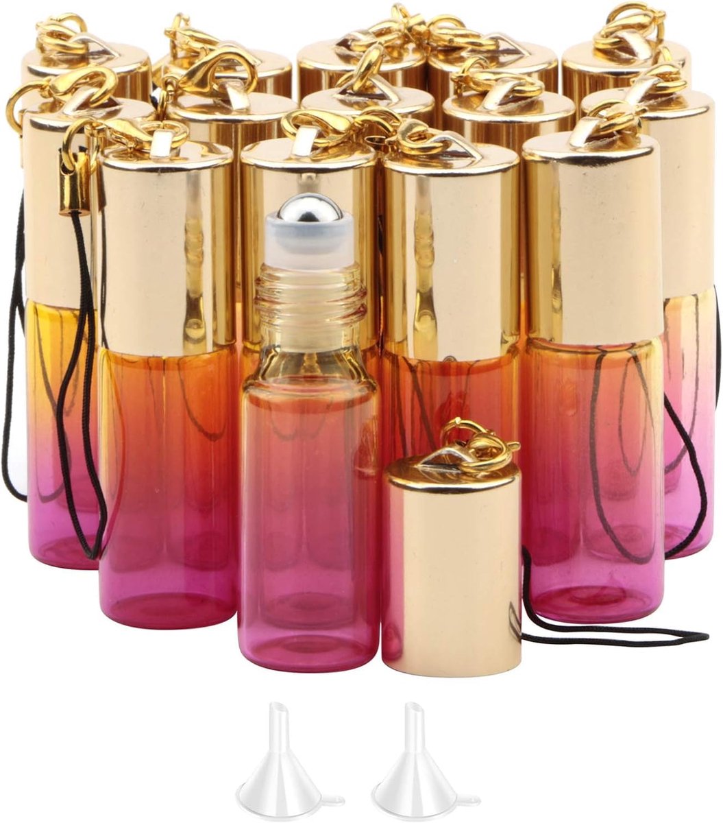 SnelShoppen - 15 Stuks 5ml Geel Roze Rode Gradient Kleur Glazen Flesjes UV Bescherming, Lege Monster Vials Essentiële Olie Glazen Flesjes met RVS Roll