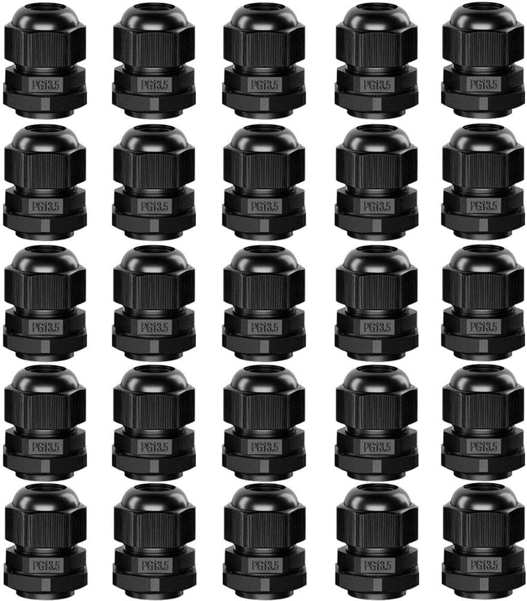 SnelShoppen - 25x Premium Nylon PG13.5 Kabeldoorvoeren, 6~12mm, Verstelbaar, IP68, Waterdicht, Kabelverbinder (Zwart) voor Tuin, Buiten en Home