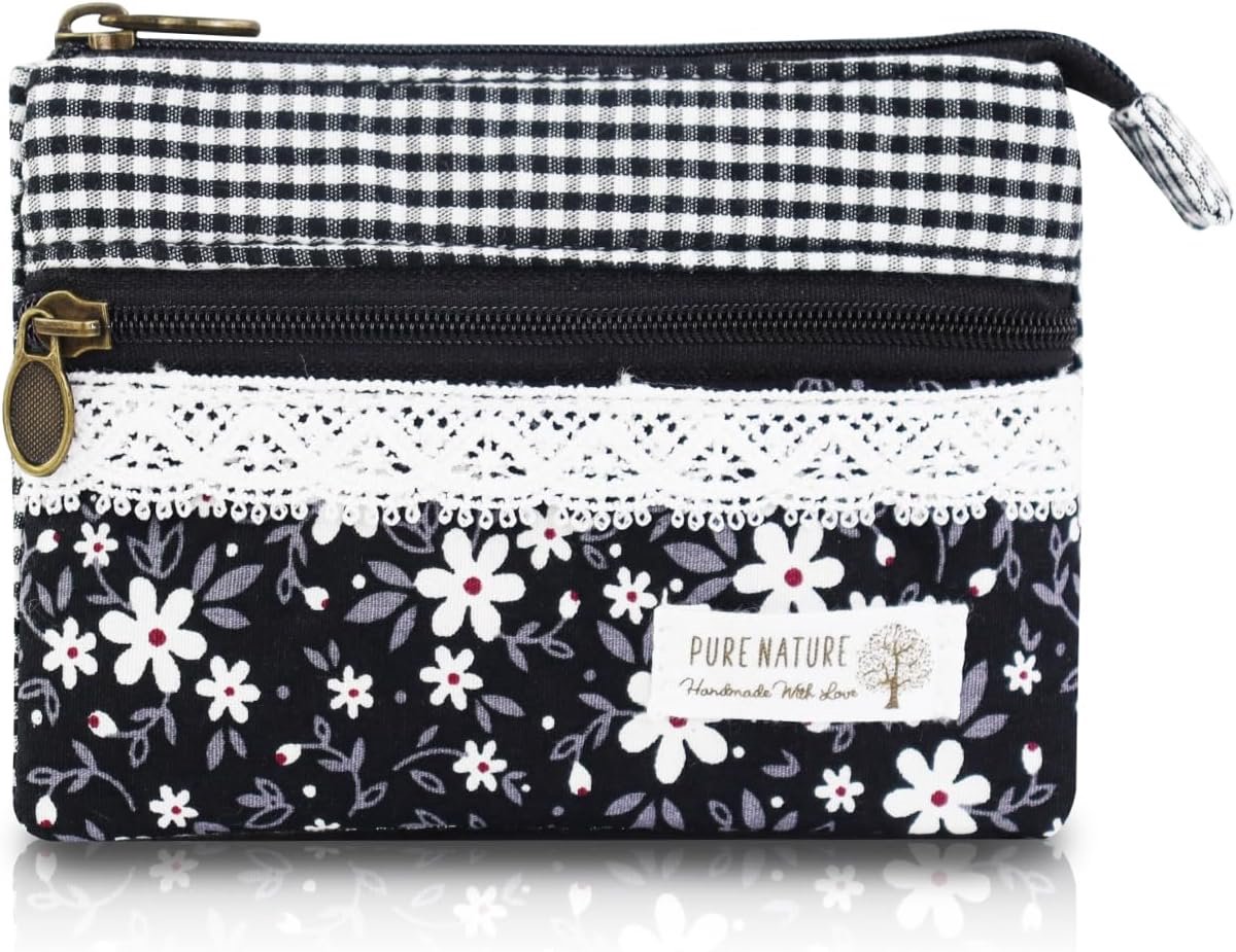 SnelShoppen - Kleine Canvas Handtas voor Vrouwen, 2 Laags Ritssluiting, Bohemian Stijl Mini Portemonnee, Zwart met Bloemen, Ideaal voor Munten, Contan