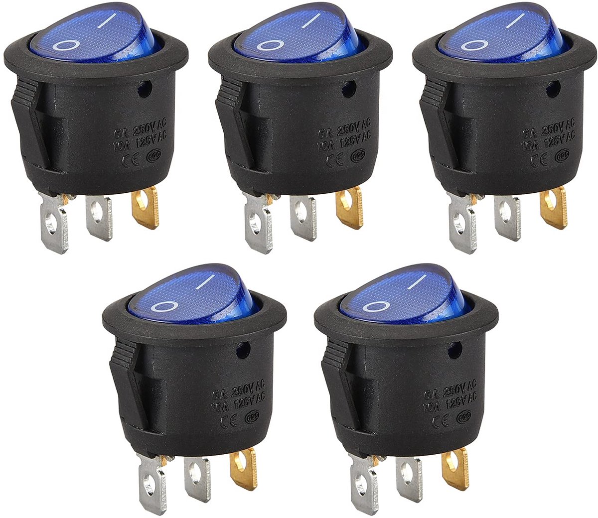 SnelShoppen - Rond Rockerschakelaar, Aan-Uit SPST, 3 Connectoren, Blauw Licht, 6A, 250V AC, 5 Stuks