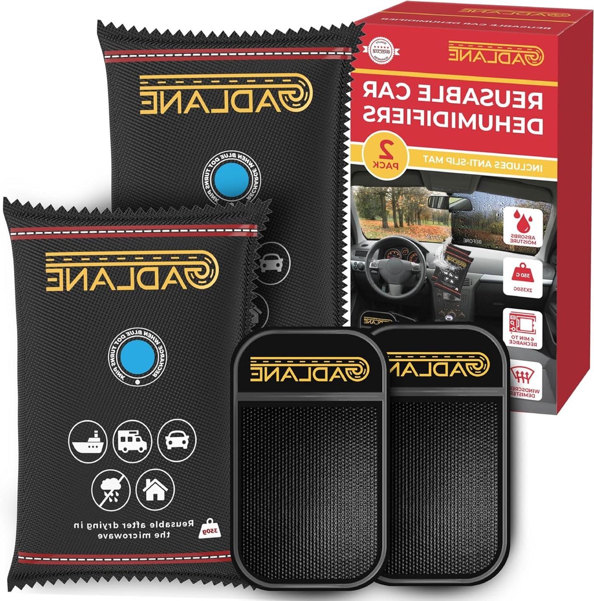 Herbruikbare Vochtvreters - Vochtabsorber Zakken - Auto Interieur Droog - Met Antislip Mat - 2 Stuks 350g - Zwart