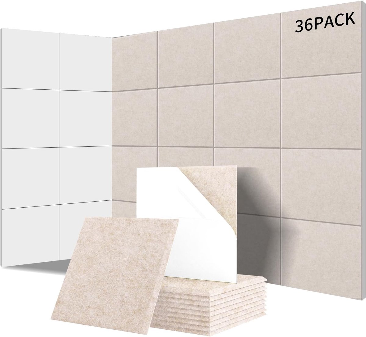 SnelShoppen - Pack van 36 vierkante akoestische panelen, zelfklevend, geluidsisolatie voor muren en deuren, 230 kg/m³, NRC 0.95, 100% polyester, licht