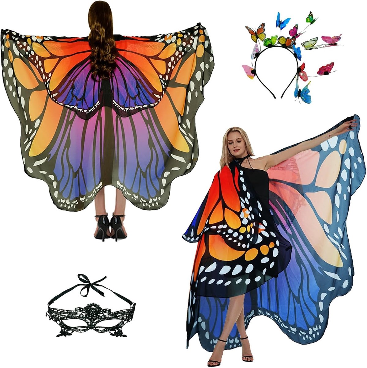 Vrouwelijk Vlinder Kostuum met Vleugels en Accessoires voor Carnaval en Feestjes - Inclusief Hoofdband en Gezichtsmasker