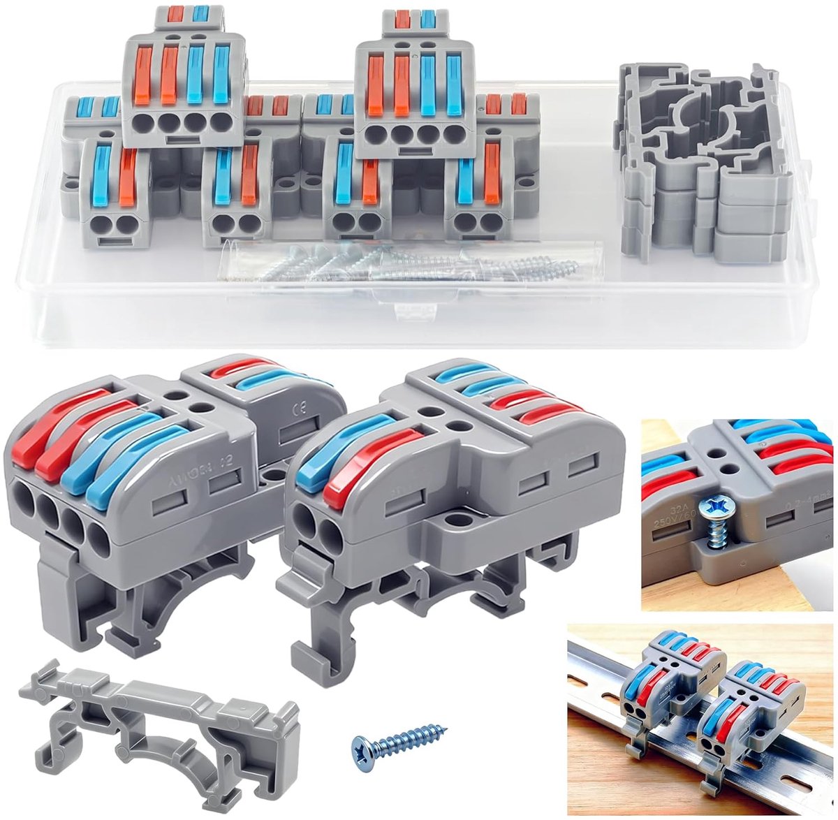 SnelShoppen - Snelkoppelbare Draadconnectoren 14AWG 2,5mm² - 6 Stuks Aftakkingsconnectoren voor Elektrische Bedrading - Railmontage en Schroefinstalla