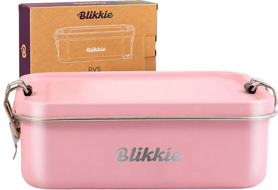 Une boîte à lunch rose Blikkie en acier inoxydable, fermée, avec sa boîte.