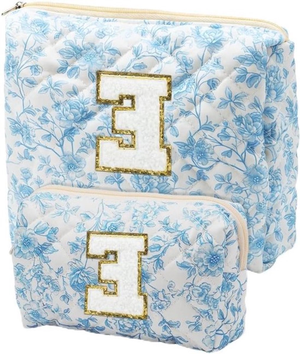 Set van 2 Make-up Tassen met Initialen, Gequilt Bloemenpatroon, Ideaal voor Reizen, Bruidsmeisjes, Cadeau en Dagelijks Gebruik, Inclusief Penseel- en Potloodetui