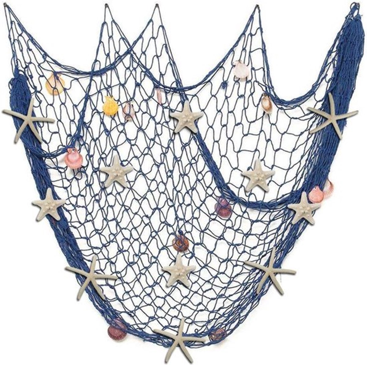 Natuurlijke Vissersnet Wanddecoratie met Schelpen en 10 Stuks Sterrenzeesterren voor Mediterraan Interieur