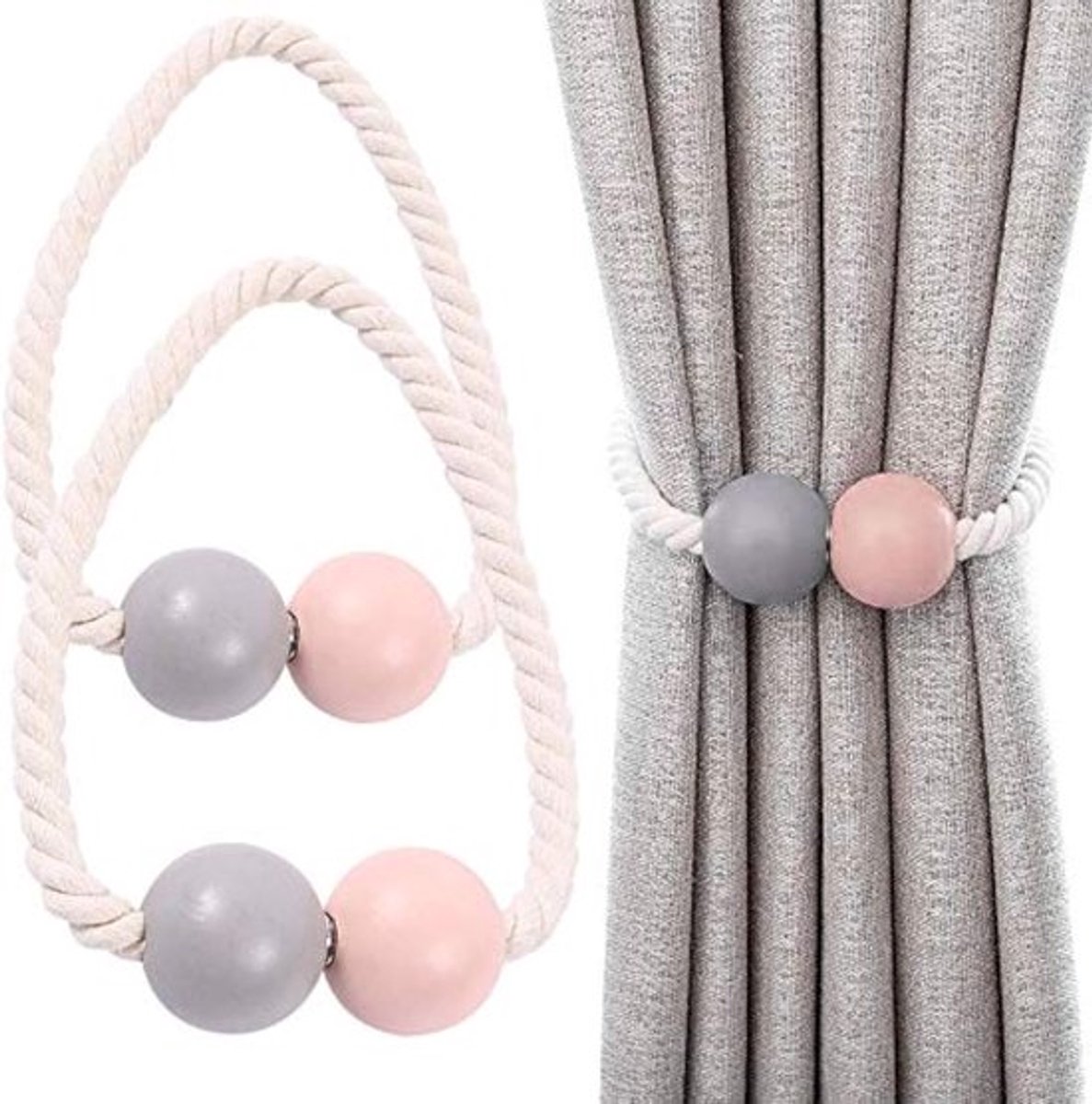 Magnetische Gordijnhouders - 2 Stuks - Houten Gordijnclips voor Thuis, Kantoor en Hotel - Decoratieve Raamaccessoires in Roze en Grijs