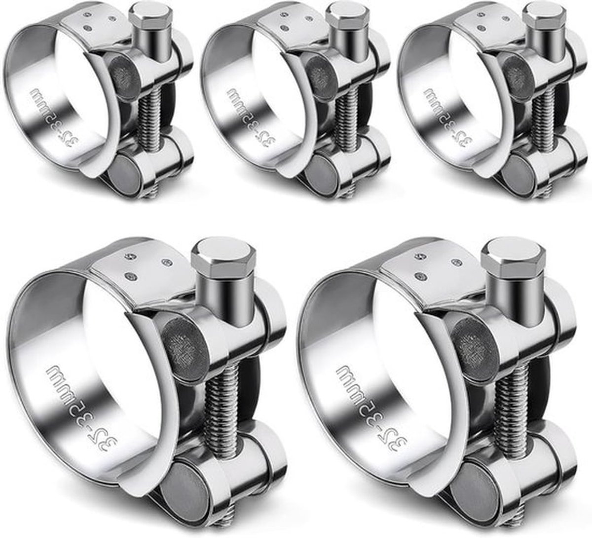Verstelbare RVS T-boutslangenklemmen Set van 5 Stuks, Geschikt voor Tuinslangen, Brandstofslangen en Zwembadslangen, Klembereik 32-35 mm
