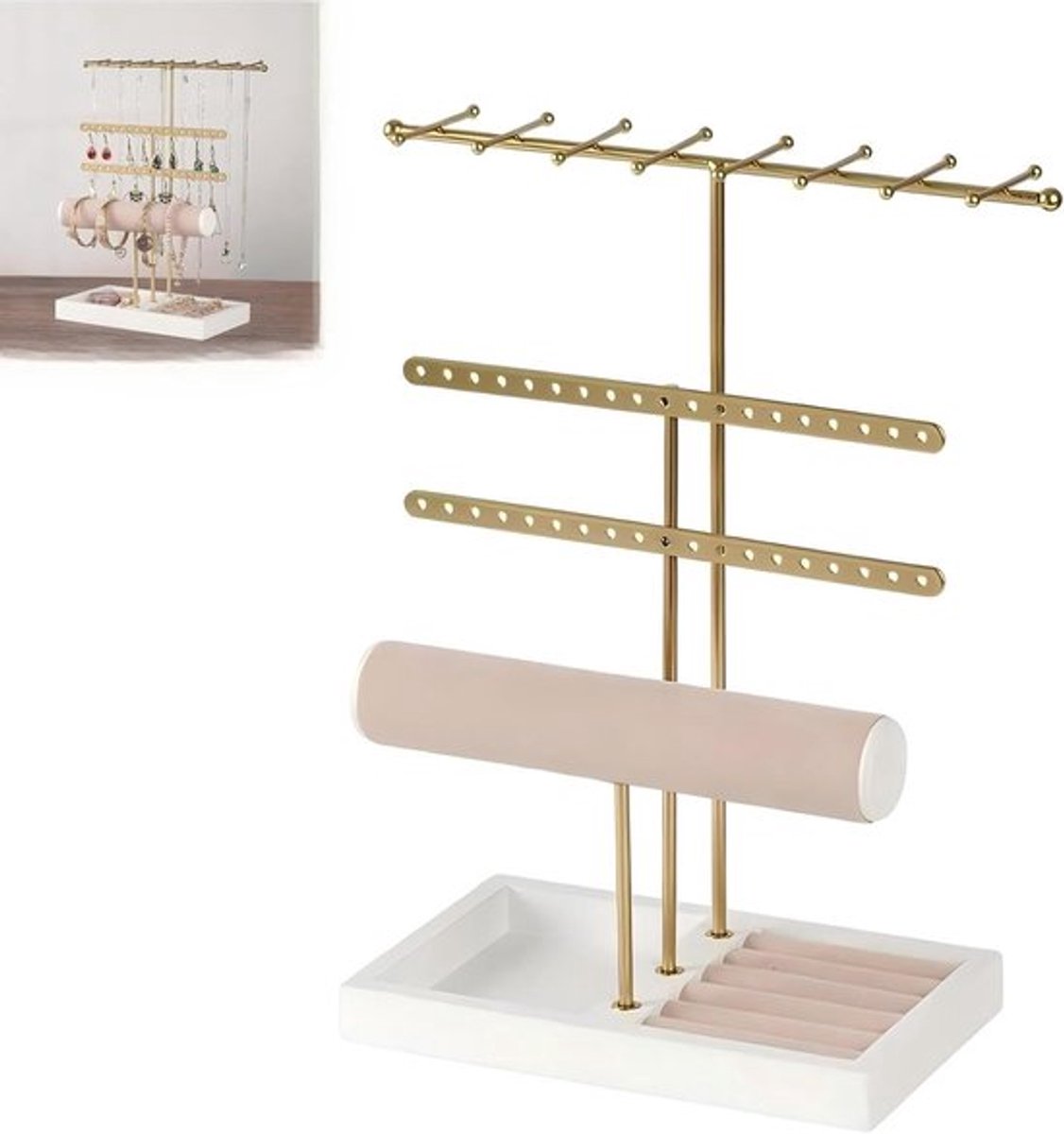 Sieraden Organizer met 4 Niveaus, 16 Haakjes voor Kettingen, 18 Gaten voor Oorbellen en Ruimte voor Horloges en Armbanden, Ideaal voor Sieradenopslag en Ringenhouder