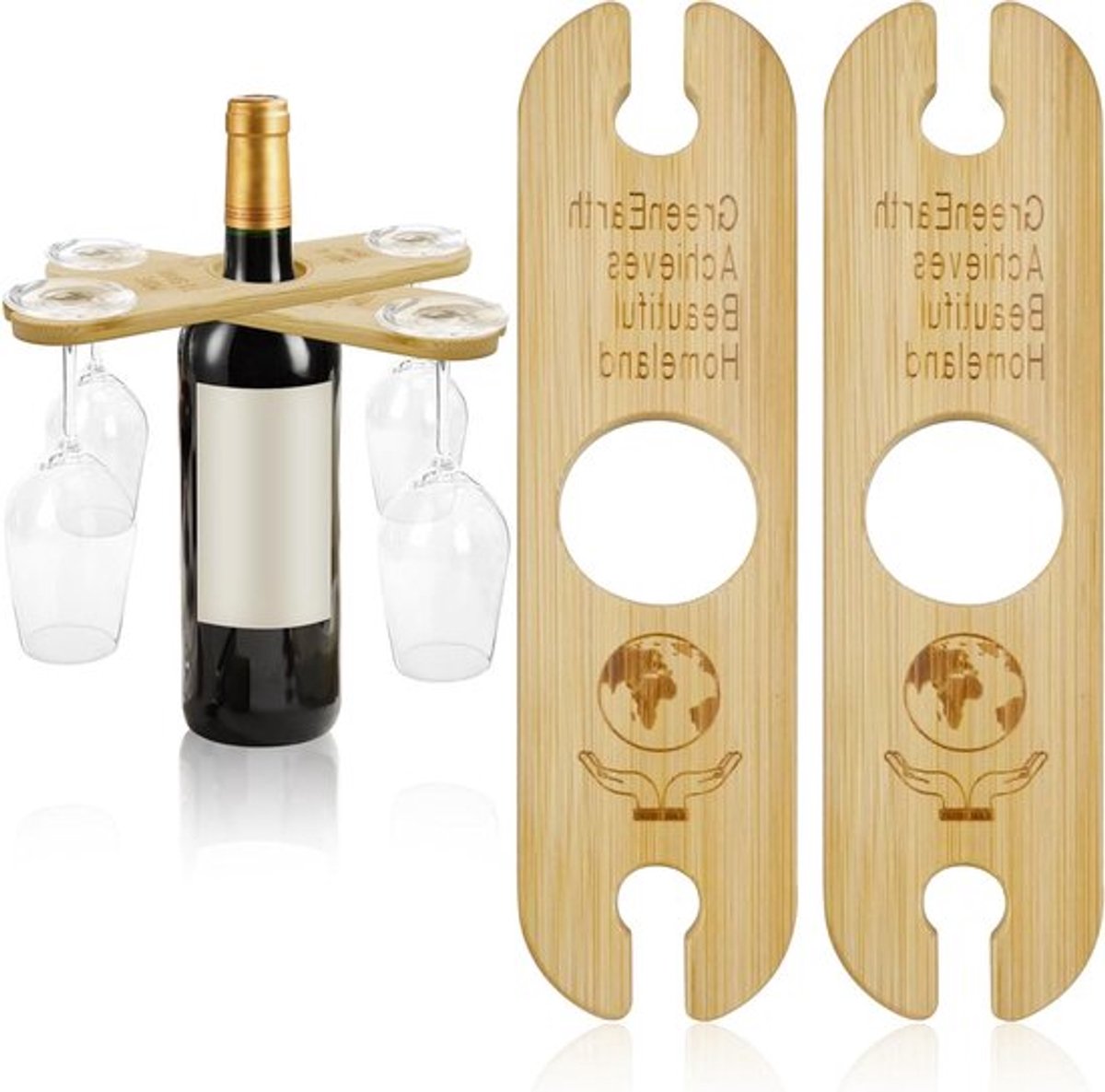 Houten Wijnglas Houder, Set van 2, Bamboe, Hangende Glazenstandaard voor 4 Glazen, Ideaal voor Keuken en Bar, Perfect voor Wijnliefhebbers en Feestjes