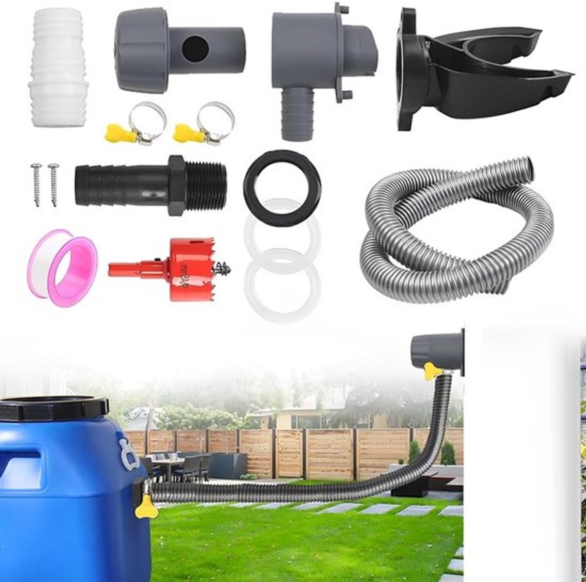 Efficiënte regenwatercollector voor afvoerpijpen 70-110 mm, inclusief 1 m slang en regentonverbinding