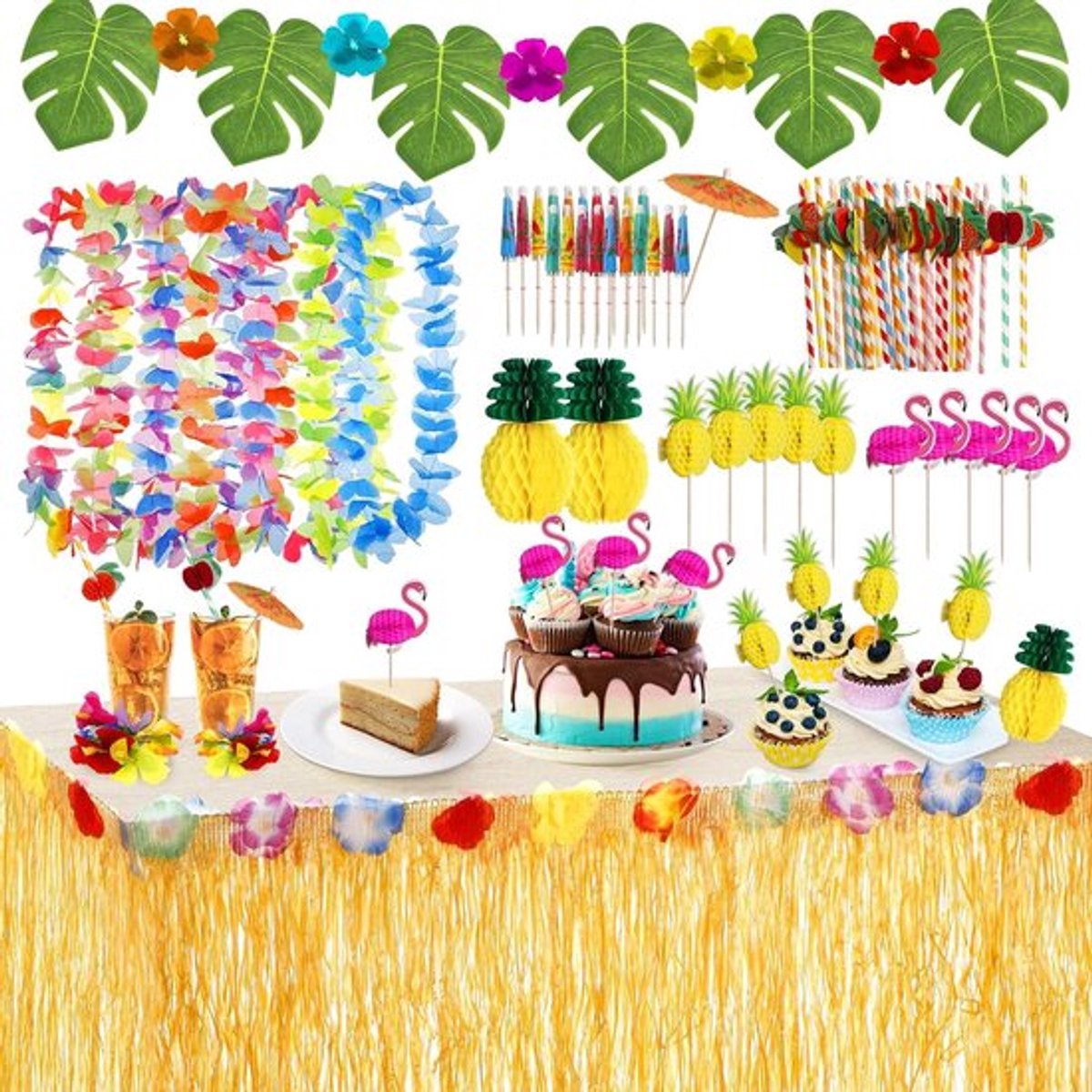 Tropische Feestdecoratie Set met 97 Stukken voor Luau, Tafelrokken, Slingers en Palmblaadjes voor een Onvergetelijke Zomerfeestervaring