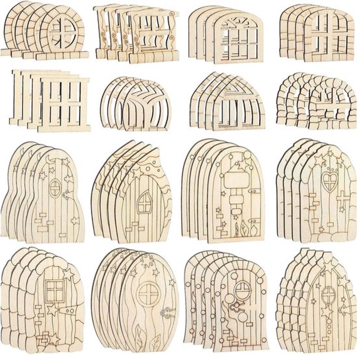 64 Stuks Houten Elfendeuren, Miniatuur Deuren in 16 Stijlen, Onbehandelde Deuren voor DIY Decoratie, Sprookjesachtige Huisjes en Feestversiering