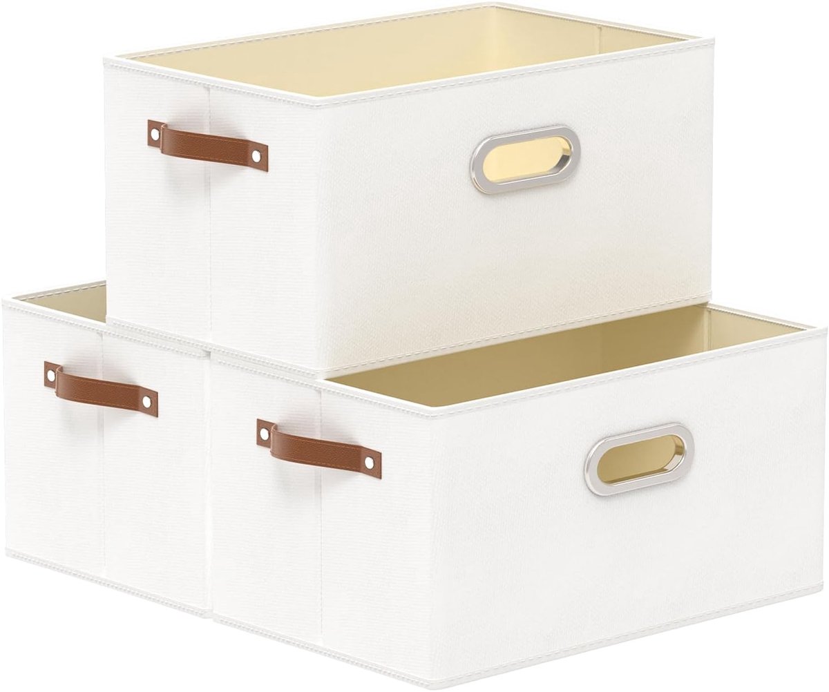 SnelShoppen - Vouwbare Opbergdozen met Handvatten, Wasbare Opbergmanden van Vliesstof, Organizer voor Kleding, 3-pack, 38x25x21cm, Wit, Voor Slaapkame