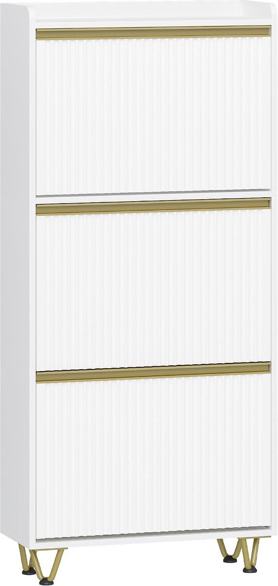 HILINSIE schoenenkast met 3 kleppen, golvend deurpaneel, 16-18 paar schoenen, smalle schoenenkast, verstelbaar, schoenenkast voor entree, hal, kledingkast, 24 x 60 x 146,5 cm, witgoud