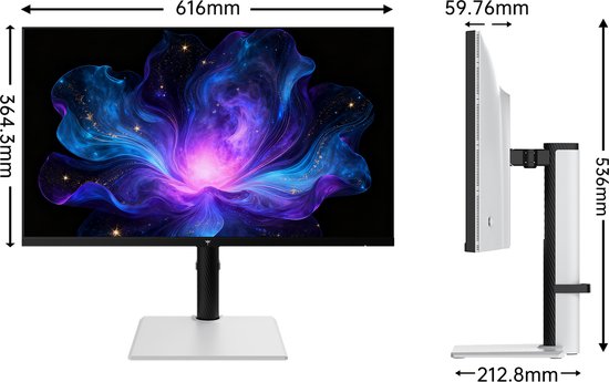 Afmetingen van een monitor: 616mm breed, 364.3mm hoog. Zijaanzicht van de monitor: 59.76mm dik, 536mm hoog, 212.8mm diep. De monitor toont een bloem.