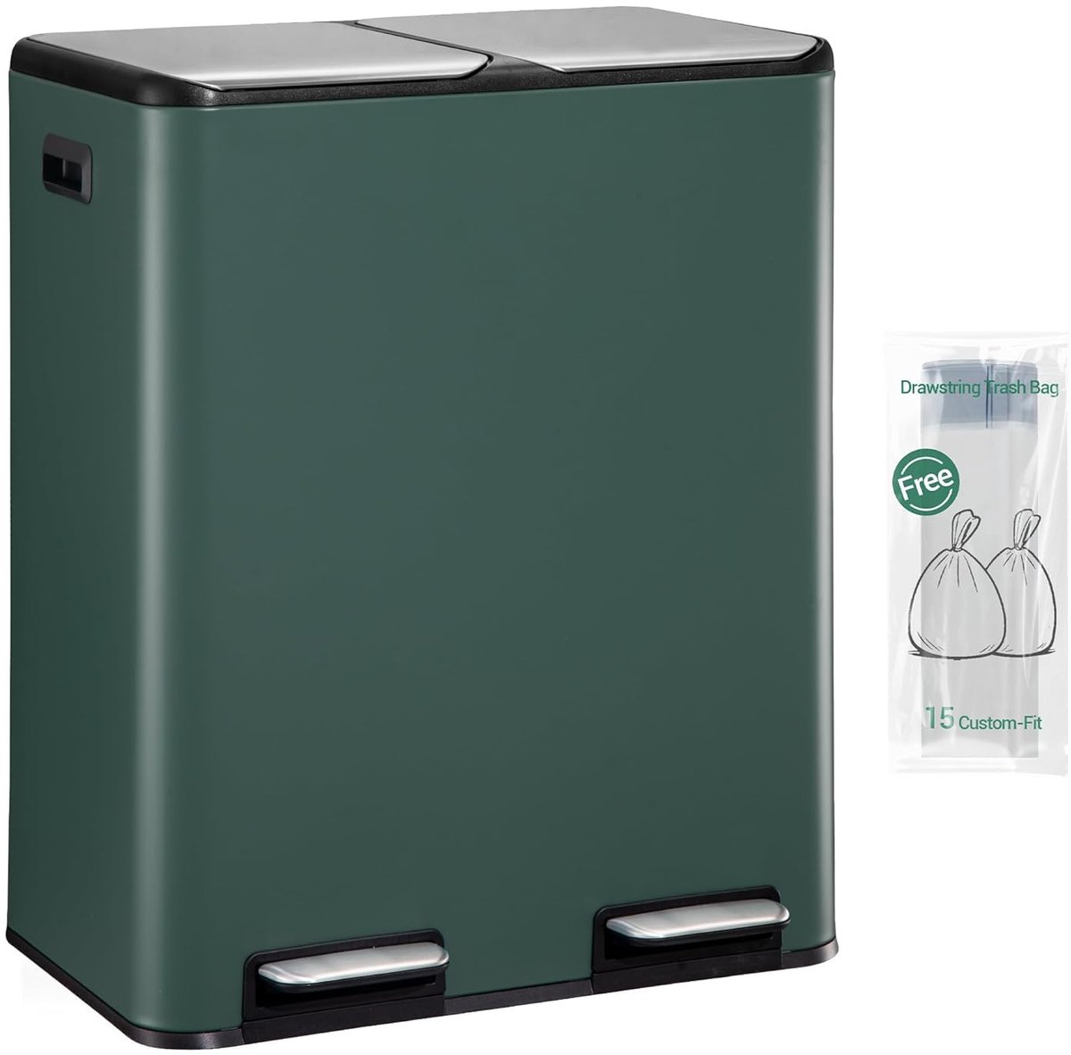 Hzuaneri Prullenbak keuken, 2 x 30 L, afvalscheidingssysteem 2 vakken 60 L, roestvrij stalen keukenprullenbak, pedaalprullenbak, afvalemmer rustige langzame afdaling, met 15 exclusieve afvalzakken