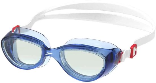 Blauwe zwembril met lichtgroene glazen, witte band en rode details.