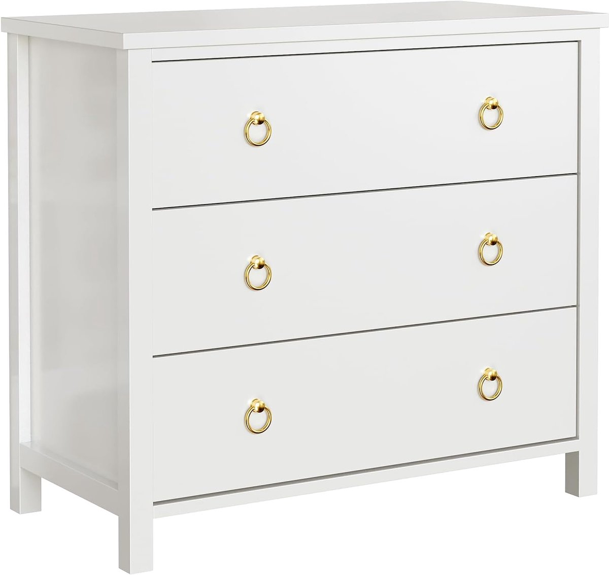 Witte Ladekast met 3 Laden - Modern Design met Gouden Ringhandgrepen - Stijlvolle Commode voor Slaapkamer, Woonkamer of Hal - Met Anti-kantelbeveiliging