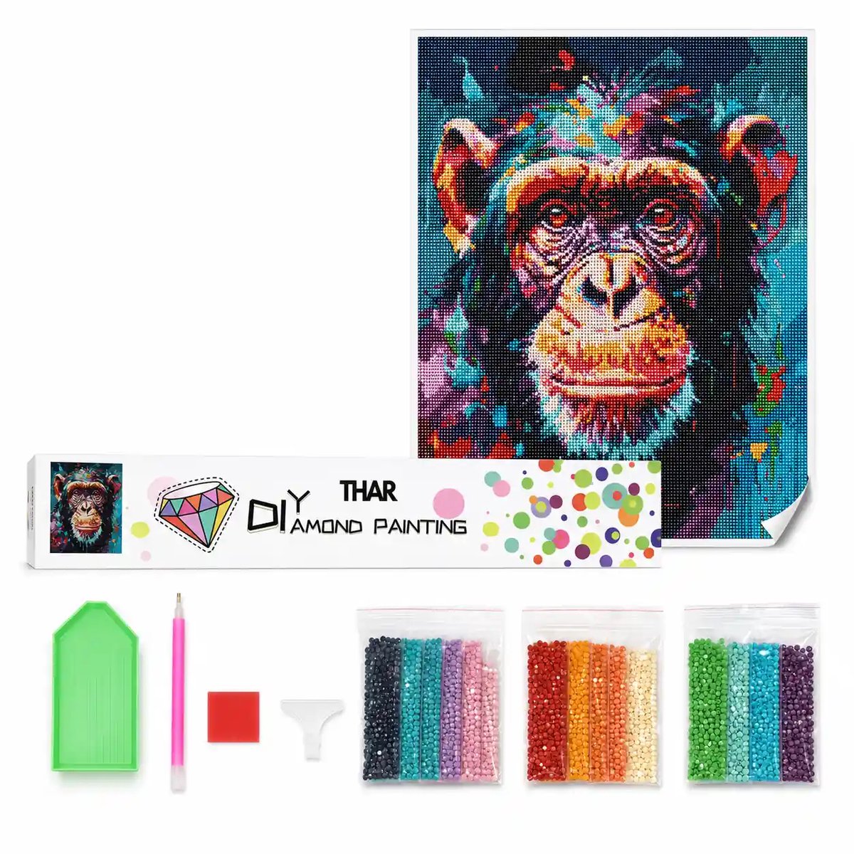 THAR Diamond Painting Kleurrijke Chimpansee 40x50 cm - Ronde Steentjes