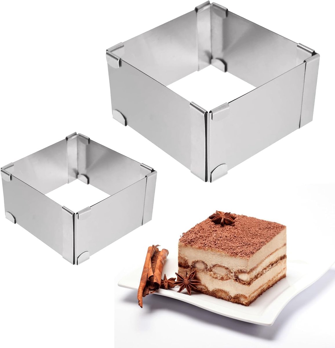 SnelShoppen - 2 bakframes roestvrij staal vierkant verstelbaar cakevorm bakvorm rechthoekig 5cm hoog voor verjaardag en feest