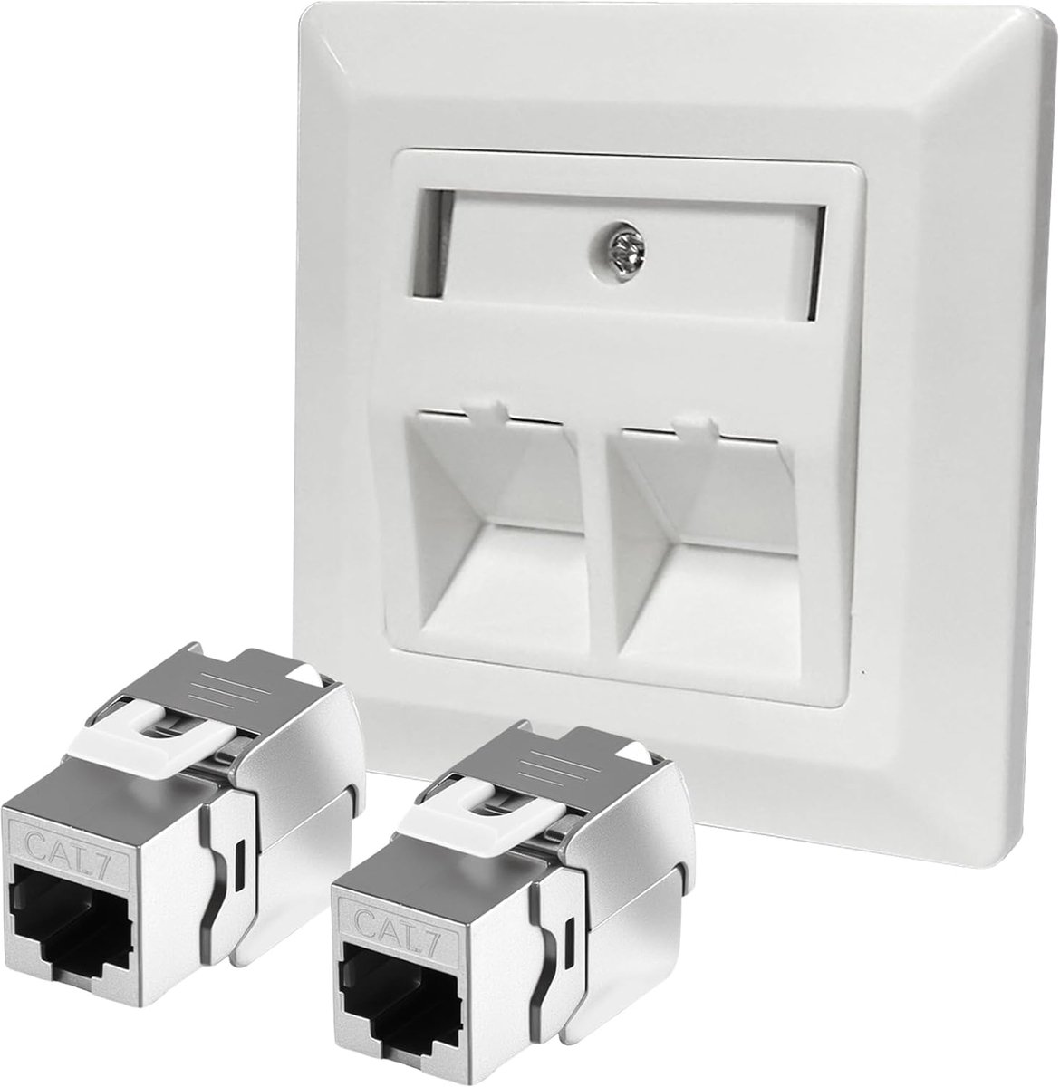 SnelShoppen - 2 Poorts CAT 7 Netwerkstopcontact Inbouw met 2 x CAT 7 Keystone RJ45 Module LAN Ethernet Socket voor CAT 5e, CAT 6, CAT 6a, Max. 10 Gbit
