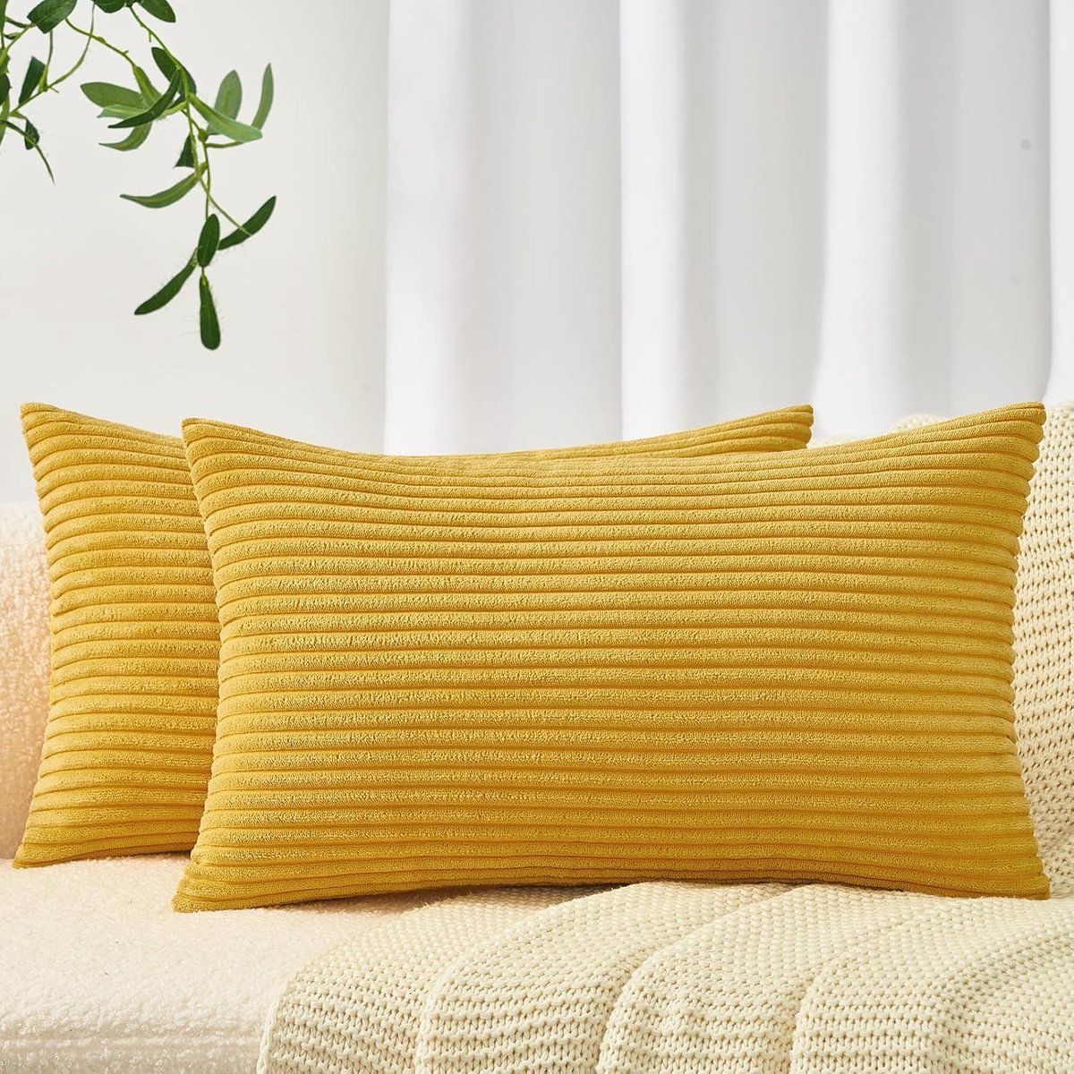 SnelShoppen - Set van 2 Kussenhoezen 40 x 80 cm, Corduroy Decoratieve Kussens, Geel, Zachte en Pluche Kussenhoezen voor Bank, Woonkamer, Slaapkamer