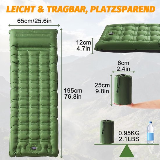 Kampeer Slaapmat - Luchtbed Mat - Outdoor Rusten - Zelfopblazend met voetpomp - 12 cm dik - Groen Grijs — afbeelding 3