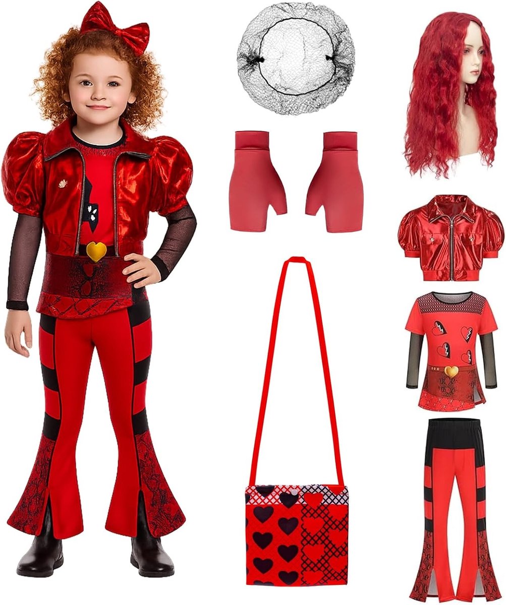 Carnaval en Halloween Kostuum voor Kinderen met Jas, Top, Broek, Peruk, Rode Handschoenen en Liefdeszakje