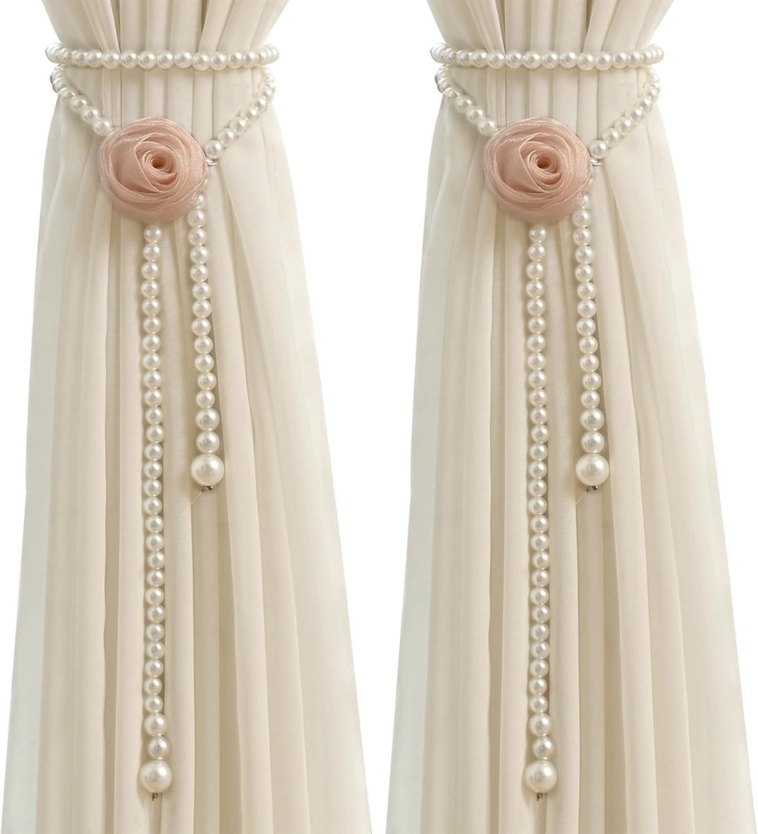SnelShoppen - 2 Stuks Rozen Bloem Gordijn Klemmen met Parels voor Gordijnen, Verstelbare Gordijnhouders, Tassels Eenvoud Gordijn Ties, Bloemen Gordijn