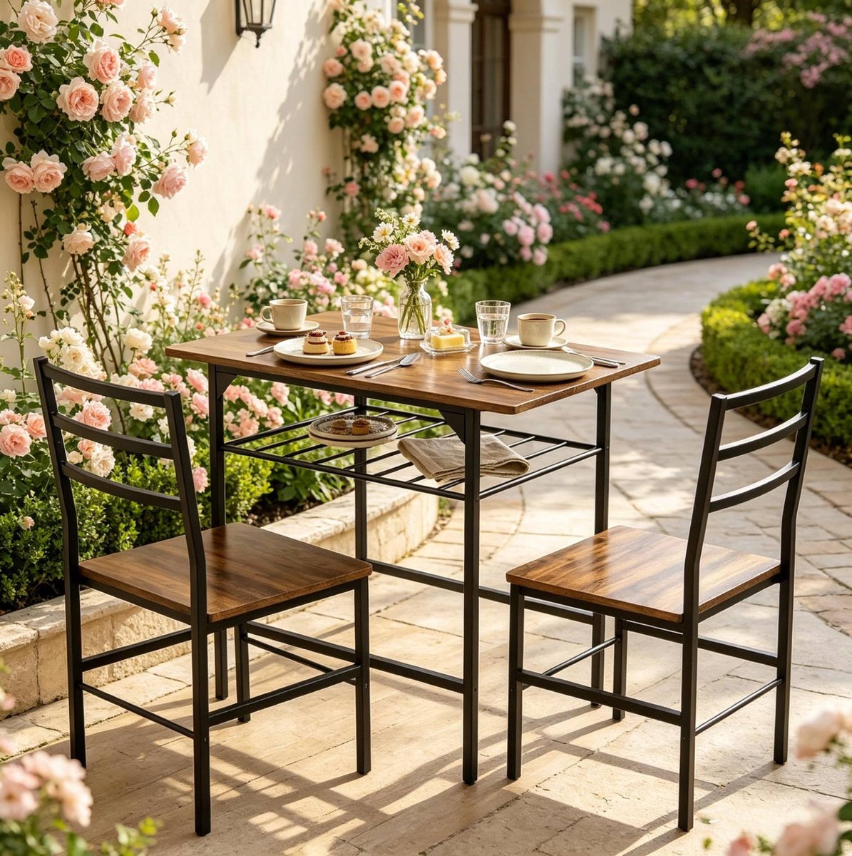 MIVRAY Eettafel Set 80 X 50 Cm - Compact Met 2 Stoelen En Opbergrek - Voor Kleine Ruimtes - Metaal En Spaanplaat - Rustiek Bruin Zwart