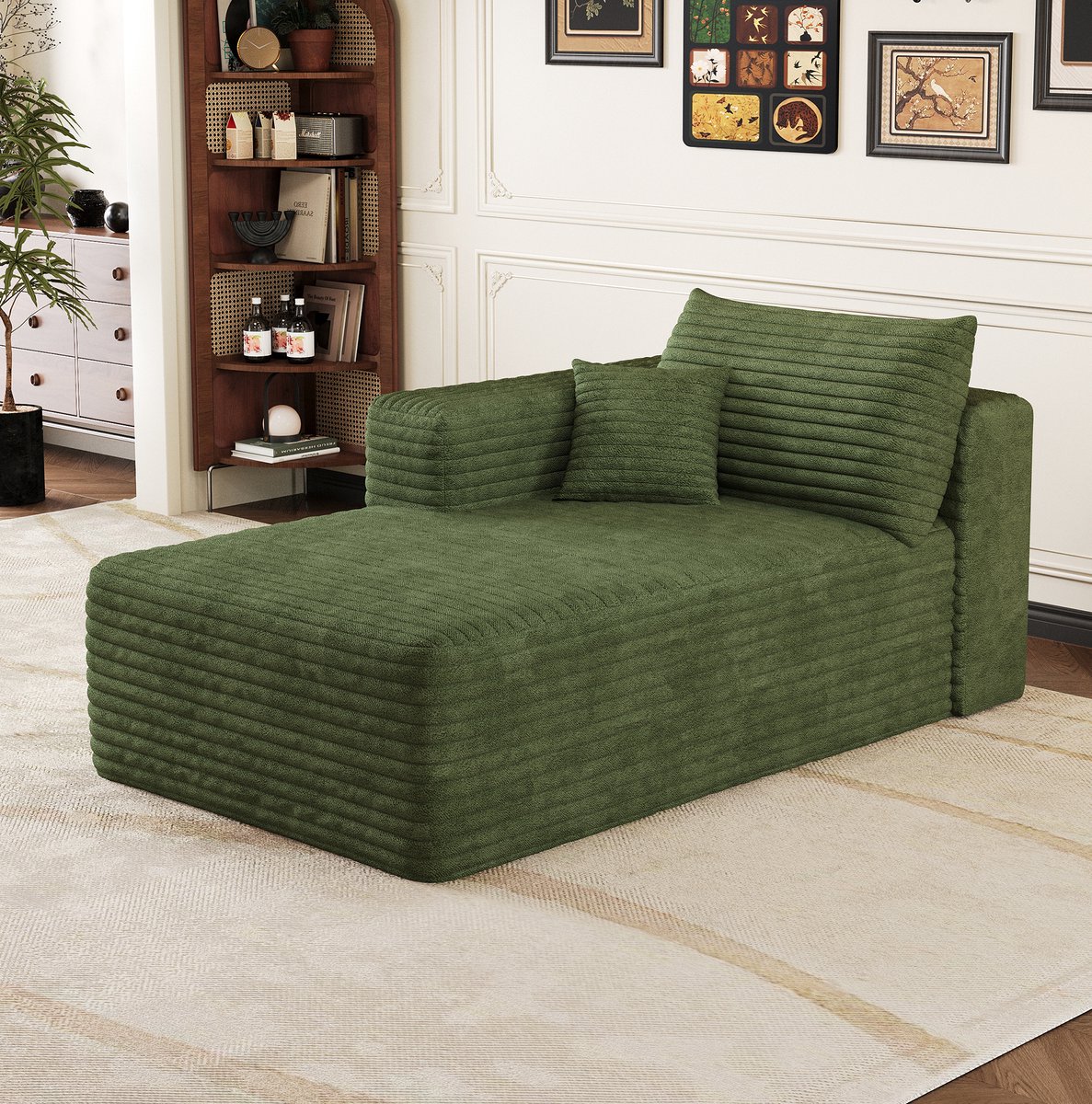 MEUNIQ links chaise longue sleeper 1-zits in groen corduroy stof, zonder montage, met armleuning voor woonkamer of slaapkamer