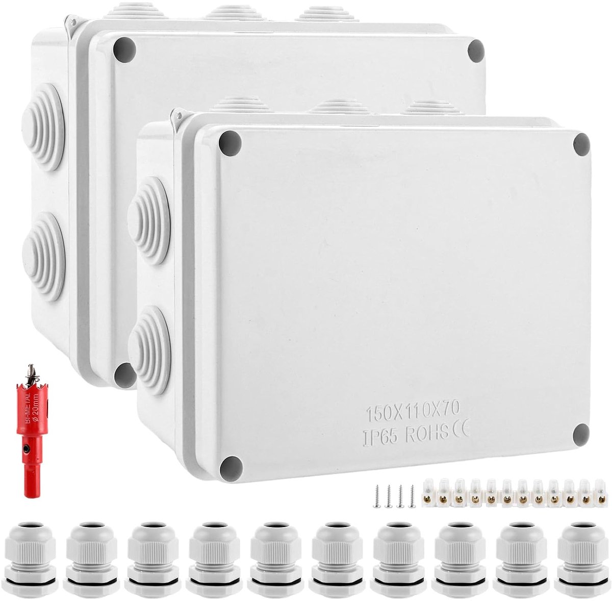 SnelShoppen - 2 Stuks Waterdichte Lasdoos Opbouw IP65, Verdeeldoos 150 x 110 x 70 mm Met Kabelinvoer M20, ABS Aansluitdoos Voor Buiten, Tuin en Elektr