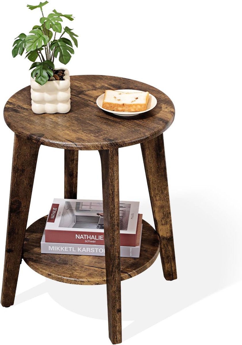 SnelShoppen - Kleine ronde bijzettafel van hout met onderste plank, modern nachtkastje voor kleine ruimtes, retrobruin voor woonkamer en slaapkamer