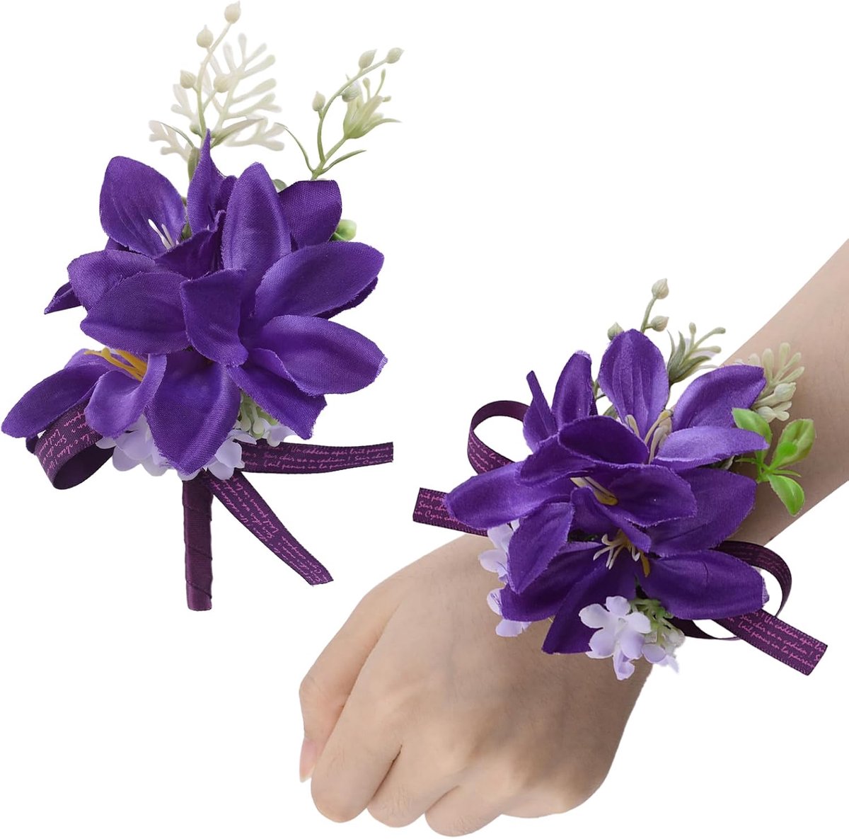 SnelShoppen - Polsboeket en Corsage Set, 2 Stuks Paarse Lelie met Lint Kunstbloemen, Bruiloft Polsband en Boutonnière voor Feest en Prom