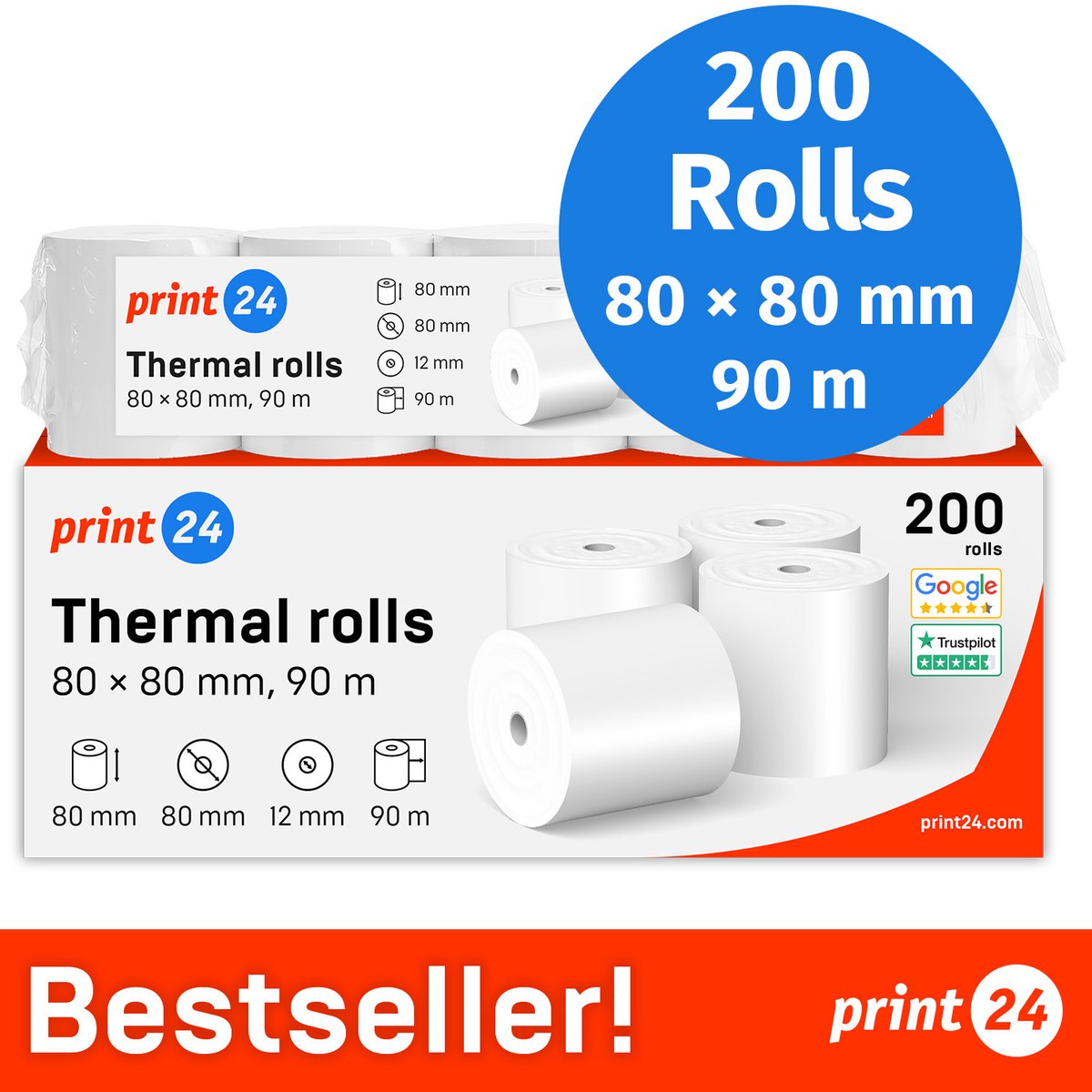 NIEUW: print24 Thermische Rollen / Kassarollen, 200 Rollen, 80mm x 80mm x 12mm, 90m, Testwinnaar, PEFC-gecertificeerd, BPA-vrij, voor EPSON, IBM e.a.