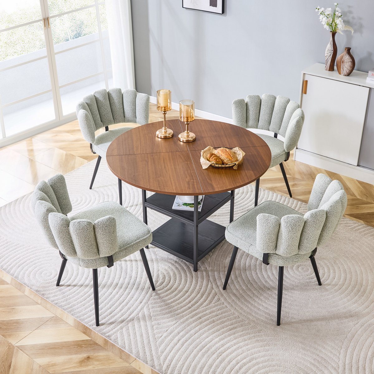 REDOM - Ronde eetkamerset met 4 stoelen - Dubbele open opberglagen onder tafel - MDF tafelblad met metaal frame - Bouclé bekleding - Licht beige - 107 cm