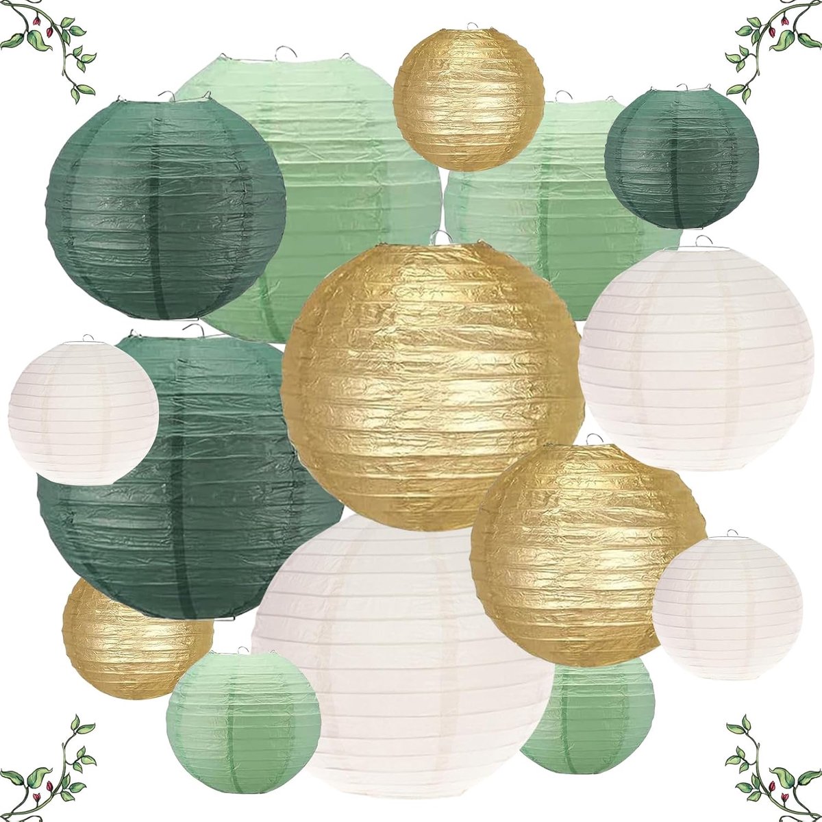 SnelShoppen - Paper Lantern Lampions 15 Stuks Kleurige Ronde Lampionnen Groene Gouden Saliegroene Crème Voor Buiten Tuin Trouwen Feest Decoratie