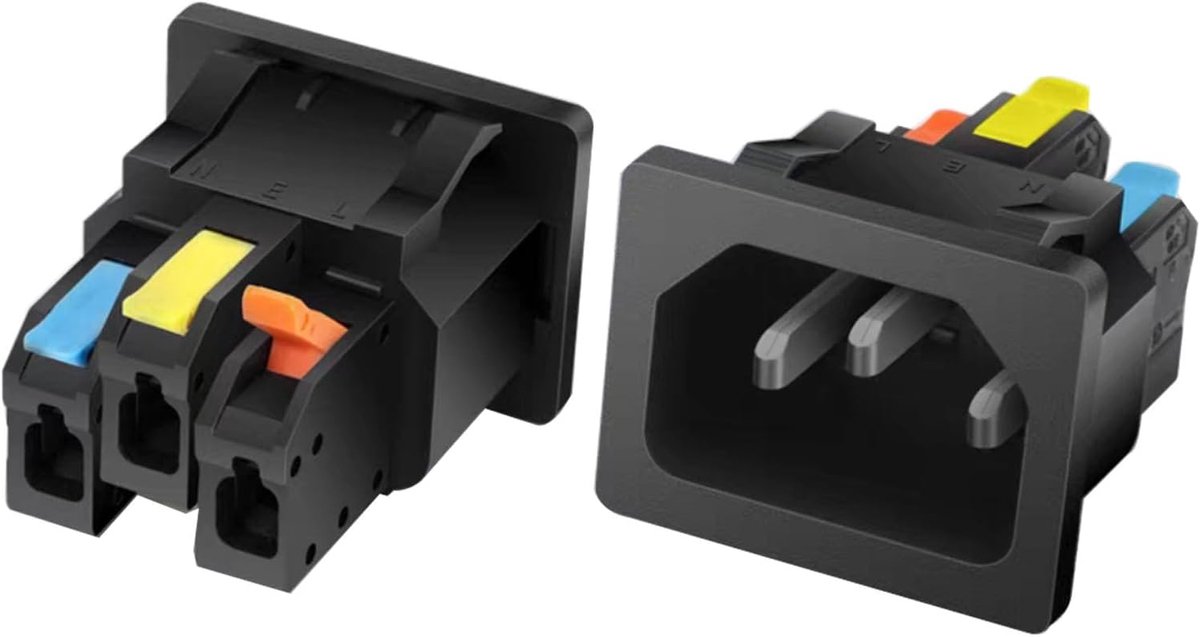 SnelShoppen - Pack van 2 C14 3-Pin Flush Stekkers voor Koudapparaten, Snap-in Clip-on (Tricolor Handvat), IEC Koudapparaat Aansluiting Inbouw, 10 A 25
