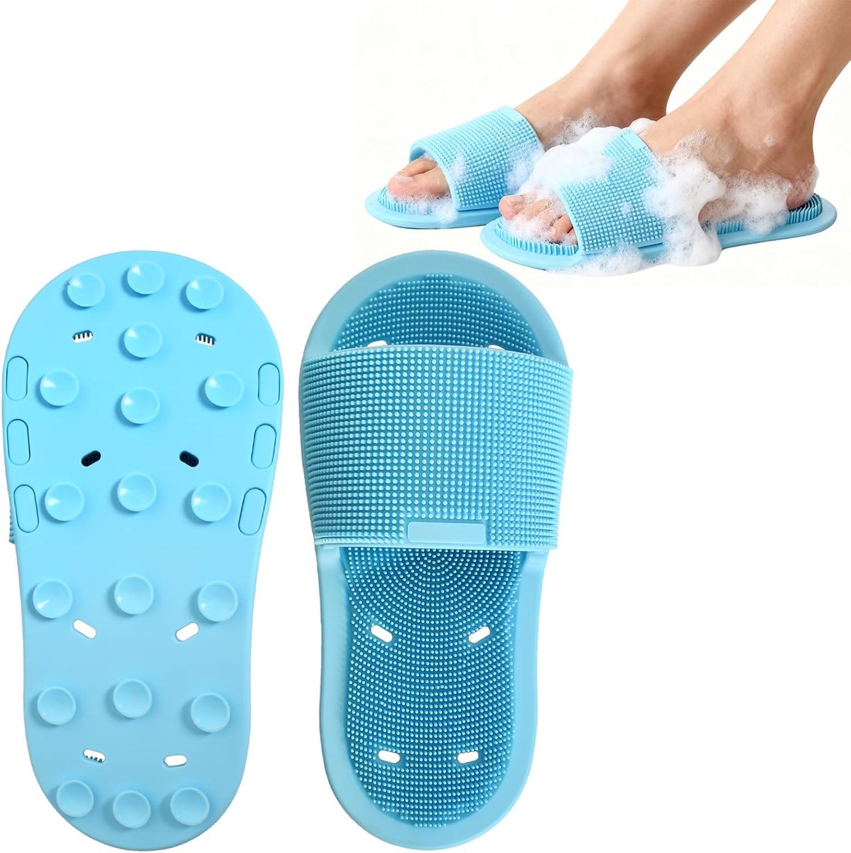 Siliconen voetborstel voor de douche, voetreiniger en massageapparaat met zachte borstels, antislip zuignappen, peeling van dode huid, uniseks, 2 stuks, blauw