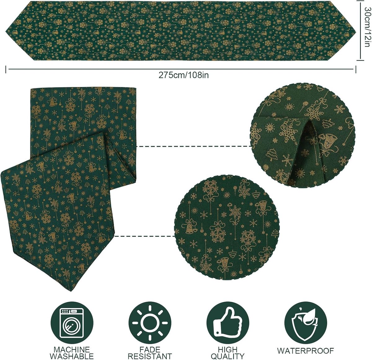 SnelShoppen - Kerst Tafelrunner 30 x 275 cm Groene Boom Sneeuwvlok Warm Gegraveerd Design Tafel Decoratie Tafel Linnen voor Thuis Eetkamertafel Decora