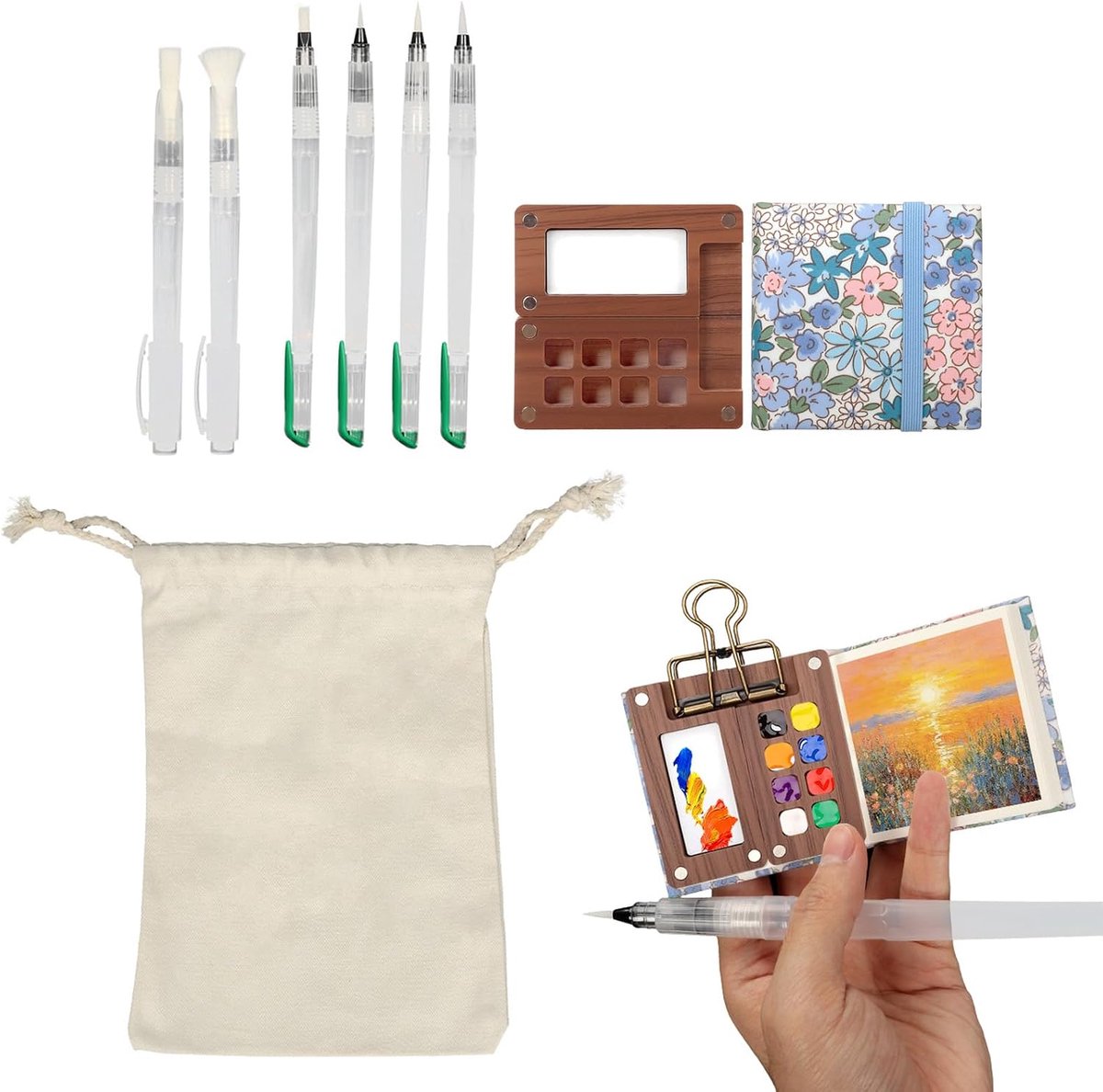 SnelShoppen - Mini Waterverf Set voor Reizen, Portable Waterverf Palette met Opbergtas, Inclusief Clip en 6 Penseeltjes voor Kunstenaars, Studenten en