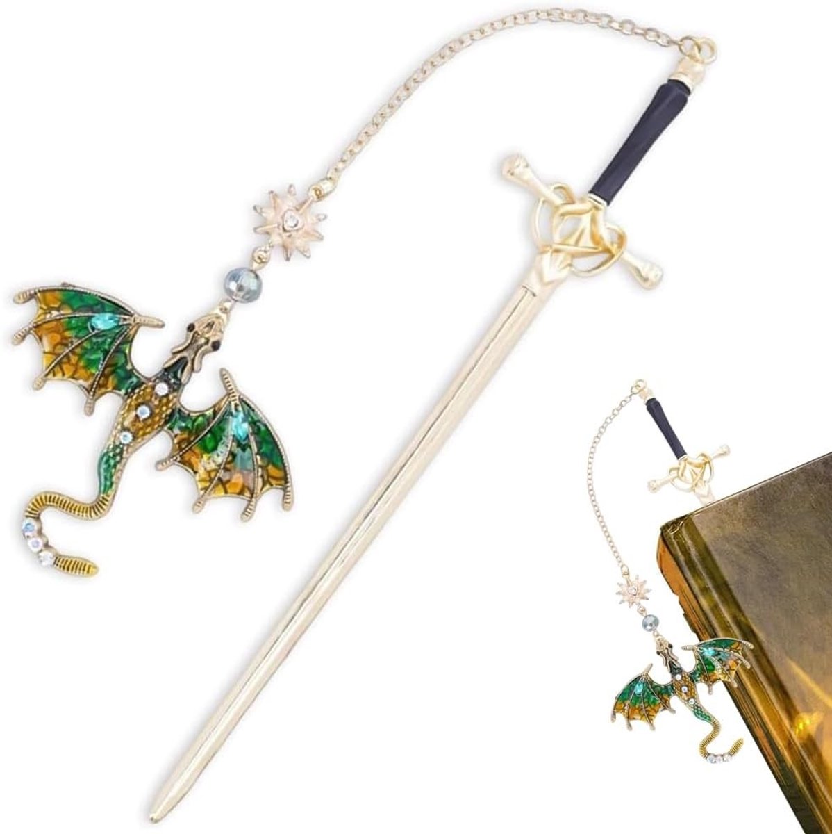 Vintage metalen boekenlegger met kristallen hanger - Groene zwaard boekenlegger voor fans, lezers en cadeau voor leraren (20.5 x 6 x 7 cm)