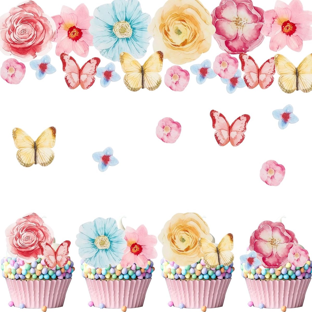 SnelShoppen - Decoratieve Vlinders en Bloemen Cake Decoratie Set van 50 Stuks - Perfect voor Bruiloften, Verjaardagen, Doopfeesten en Jubilea - Papier